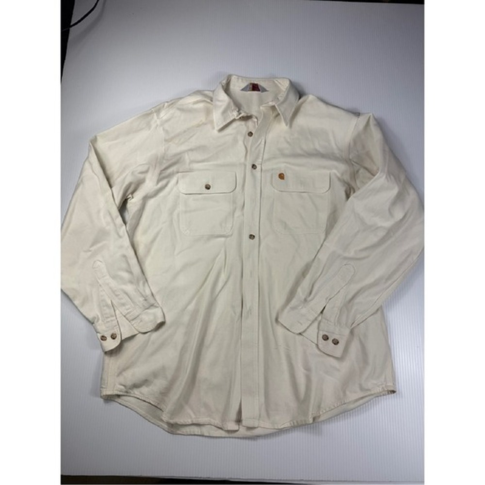 Carhartt Rugged Outdoor Shirt Button Up Work Utility Pockets‎ Beige 2XL stained